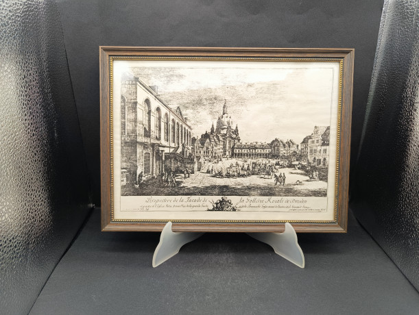 Репродукция гравюры винтажная Dieter Kessel "Перспектива. Фасад Дрезденской галереи", в раме, под стеклом, 30.5 х 22.5 см, Германия, 1960-70гг.