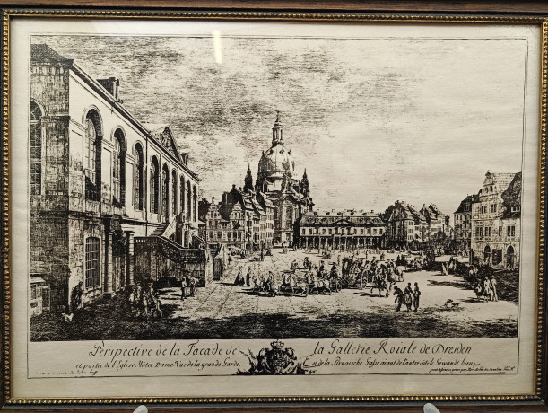 Репродукция гравюры винтажная Dieter Kessel "Перспектива. Фасад Дрезденской галереи", в раме, под стеклом, 30.5 х 22.5 см, Германия, 1960-70гг.