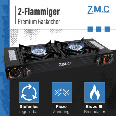 ZMC ZMC Gaskocher PREMIUM 2 Flammig Campingkocher Outdoor Gaskocher + 8x Gaskartuschen, (Doppel Kartuschenkocher Gasherd Kochfeld mit Piezozundung Warmeleistung: 2,0KW), Butan Gas 227g Gaskocher Outdoor Camping Gas Kocher Herd Butangas Газовая плита ZMC