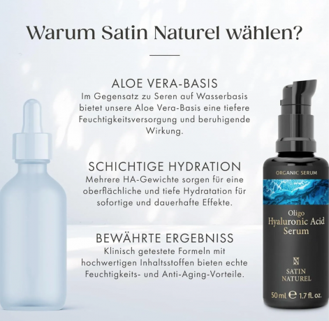 Satin Naturel Oligo Hyaluronsaure Serum Hochdosiert 50ml, Олиго гиалуроновая сыворотка для лица (Германия), низкомолекулярная кислота, глубокое увлажнение и антивозрастной уход, 50мл
