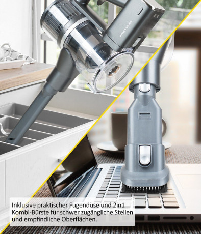 Genius Genius Akku-Stielstaubsauger INVICTUS X8 Akku Hand Staubsauger Deluxe Set 23tlg. mit Wischmopp, Beutellos HEPA Filter, Akkusauger Aufbewahrungs- und Ladestation Nassreinigung LED Licht Беспроводной ручной пылесос Genius INVICTUS X8, роскошный ручн