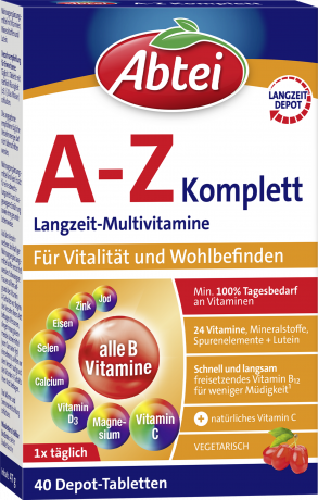 Abtei A-Z Komplett Langzeit-Multivitamine 40 Depot-Tabletten (46 g), Abtei Мультивитамины и минералы с длительным высвобождением для энергии и иммунитета, 40 таблеток с длительным высвобождением (46 г)