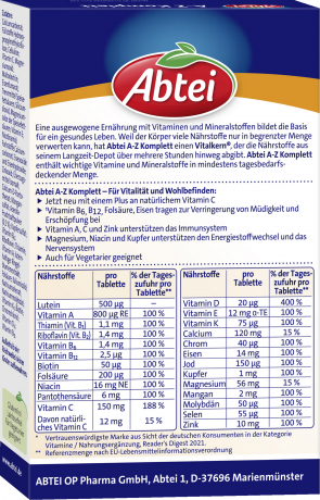 Abtei A-Z Komplett Langzeit-Multivitamine 40 Depot-Tabletten (46 g), Abtei Мультивитамины и минералы с длительным высвобождением для энергии и иммунитета, 40 таблеток с длительным высвобождением (46 г)