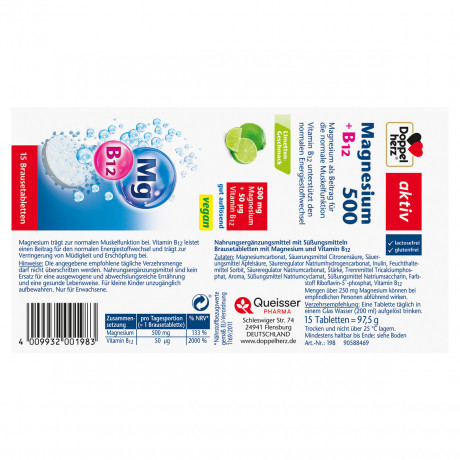 Doppelherz Magnesium 500 + B12 15 Brausetabletten, 15 Brausetabletten, 97,5 g, Магний 500 мг и витамин B12 50 мкг для мышц и энергетического обмена, шипучие таблетки со вкусом лайма, 15 шт., 97,5 г
