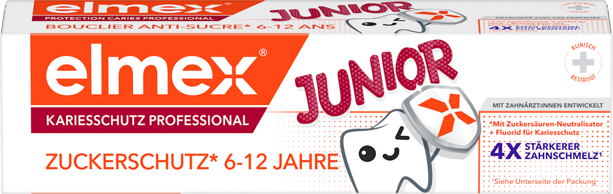 elmex Zahnpasta Junior Kariesschutz Professional, 75 ml, Детская зубная паста Junior Kariesschutz Professional с кальцием и фторидом, 6–12 лет, 75 мл