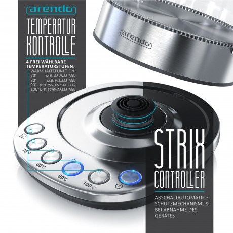Arendo Arendo Wasserkocher, 1,5 l, 2200 W, Edelstahl Glas mit Basisstation, Temperatureinstellung 70° 100° C Чайник Arendo, 1,5 л, 2200 Вт, стекло нержавеющая сталь, с подставкой, регулировка температуры 70° 100° C