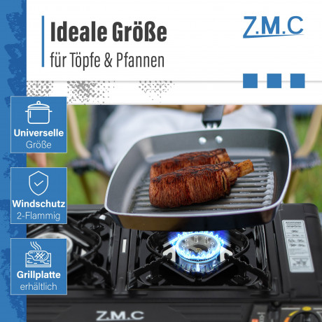ZMC ZMC Gaskocher PREMIUM 2 flammig Campingkocher Gaskocher Grillplatte+16x Gaskartusche, (Grill Platte Tischgrill Doppel Gasbrenner Gasgrill Kochfeld mit Piezozundung Warmeleistung: 2,0KW), Butan Gas 227g Gaskocher Outdoor Camping Gas Kocher Herd Butanga