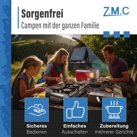 ZMC ZMC Gaskocher PREMIUM 2 flammig Campingkocher Gaskocher Grillplatte+16x Gaskartusche, (Grill Platte Tischgrill Doppel Gasbrenner Gasgrill Kochfeld mit Piezozundung Warmeleistung: 2,0KW), Butan Gas 227g Gaskocher Outdoor Camping Gas Kocher Herd Butanga