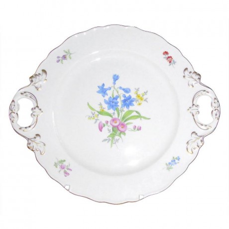 Meissen Meissen 'Neuer Ausschnitt - Blume 3 mitte bunt mit Goldrand' Platte mit 2 Henkeln 30 cm Мейсен "новая огранка - цветок 3 центр разноцветный с золотым ободком" тарелка с 2 ручками 30 см
