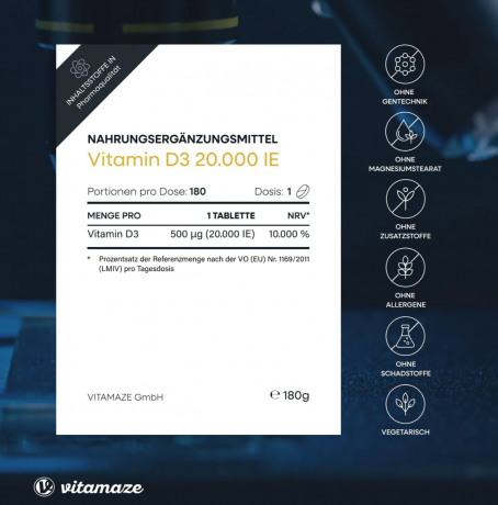 Vitamaze Vitamin D3 highly dosed 20000 IU per tablet (20-day dose) 180st, Витамин D3 20000МЕ Депо (Германия), 180шт, таблетки, 1 таблетка в 20 дней, запас на 10 лет, 180шт