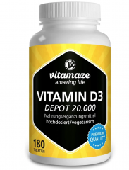 Vitamaze Vitamin D3 highly dosed 20000 IU per tablet (20-day dose) 180st, Витамин D3 20000МЕ Депо (Германия), 180шт, таблетки, 1 таблетка в 20 дней, запас на 10 лет, 180шт