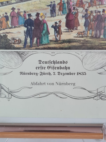 Картина винтажная "Первая железная дорога Германии", Нюрнберг-Фюрт, 7 декабря 1835 г., в деревянной рамке, 31,5 x 26 x 2 см, Германия, 1960-70гг.