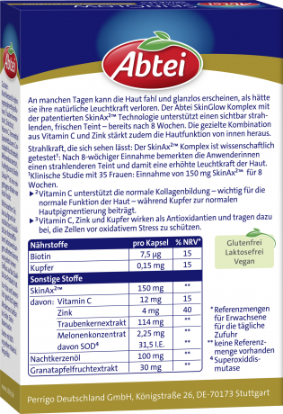 ABTEI Skin Glow Complex 30Kps DACH 30 Kapseln (19,9 g), Abtei Капсулы Skin Glow для свежего и сияющего вида кожи с витамином C, цинком и медью, 30 капсул (19,9 г)