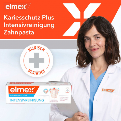 elmex Zahnpasta Kariesschutz Plus, Intensivreinigung, 50 ml, Зубная паста Kariesschutz Plus Intensivreinigung для интенсивного очищения и удаления окрашиваний, 50 мл