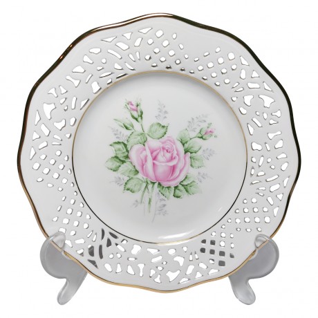Schumann Arzberg Bavaria, Шуман Арцберг Бавария Винтажное блюдо с розой ручной росписи в центре и ажурным прорезанным ободком, 19см, Германия 1960г.