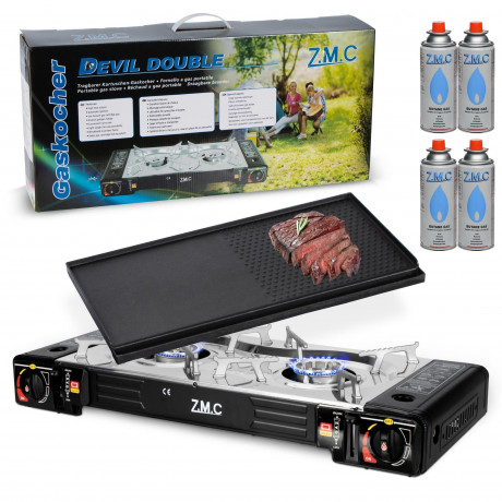 ZMC ZMC Gaskocher 2in1 Campingkocher Grillplatte mit Piezozundung + 4x Gaskartuschen, (2 Flammig Grill Platte Tischgrill Doppel Gasbrenner Gasgrill Kochfeld mit LPG Anschluss Warmeleistung: 2,3KW), Butan Gas 227g Gaskocher Outdoor Camping Gas Kocher Herd