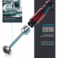 Arendo Arendo Stabmixer, 1000 W, Edelstahl Purierstab in rot Handmixer mit stufenloser Regelung  Ручной блендер Arendo, 1000 Вт, очищающий стержень из нержавеющей стали красного цвета ручной миксер с бесступенчатым управлением