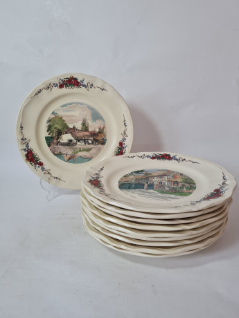 Набор тарелок винтажных Sarreguemines France, светло-бежевый фарфор с пейзажами и красочным цветочным декором, 10 штук х 25 x 3 см, Франция, 1960-70гг.