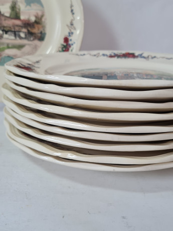 Набор тарелок винтажных Sarreguemines France, светло-бежевый фарфор с пейзажами и красочным цветочным декором, 10 штук х 25 x 3 см, Франция, 1960-70гг.