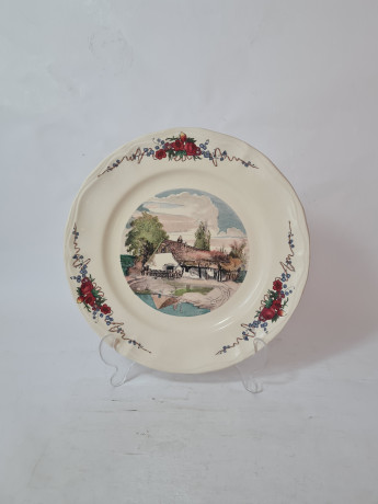 Набор тарелок винтажных Sarreguemines France, светло-бежевый фарфор с пейзажами и красочным цветочным декором, 10 штук х 25 x 3 см, Франция, 1960-70гг.