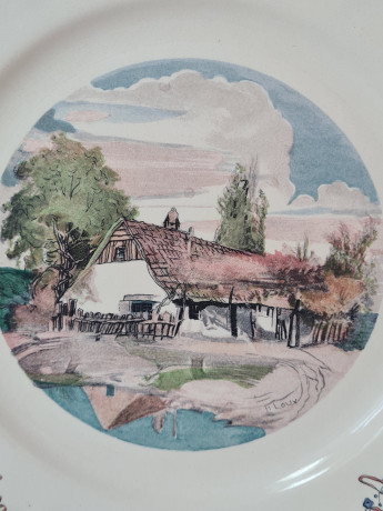 Набор тарелок винтажных Sarreguemines France, светло-бежевый фарфор с пейзажами и красочным цветочным декором, 10 штук х 25 x 3 см, Франция, 1960-70гг.