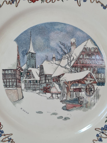 Набор тарелок винтажных Sarreguemines France, светло-бежевый фарфор с пейзажами и красочным цветочным декором, 10 штук х 25 x 3 см, Франция, 1960-70гг.