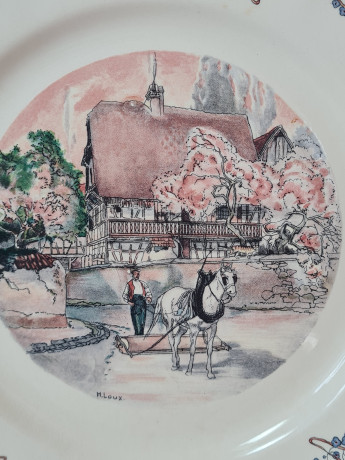 Набор тарелок винтажных Sarreguemines France, светло-бежевый фарфор с пейзажами и красочным цветочным декором, 10 штук х 25 x 3 см, Франция, 1960-70гг.