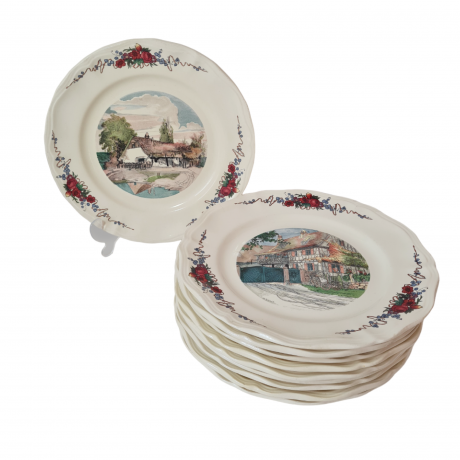 Набор тарелок винтажных Sarreguemines France, светло-бежевый фарфор с пейзажами и красочным цветочным декором, 10 штук х 25 x 3 см, Франция, 1960-70гг.