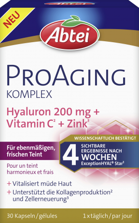 Abtei ProAging Komplex Hyaluron 200mg + Vitamin C + Zink 30 Kapseln (16,3 g), Abtei Капсулы с гиалуроновой кислотой 200 мг, витамином C и цинком для свежего и ровного тона кожи, 30 капсул (16,3 г)