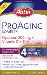 Abtei ProAging Komplex Hyaluron 200mg + Vitamin C + Zink 30 Kapseln (16,3 g), Abtei Капсулы с гиалуроновой кислотой 200 мг, витамином C и цинком для свежего и ровного тона кожи, 30 капсул (16,3 г)