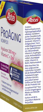 Abtei ProAging Komplex Hyaluron 200mg + Vitamin C + Zink 30 Kapseln (16,3 g), Abtei Капсулы с гиалуроновой кислотой 200 мг, витамином C и цинком для свежего и ровного тона кожи, 30 капсул (16,3 г)