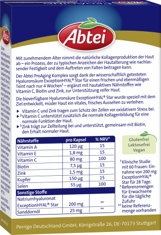 Abtei ProAging Komplex Hyaluron 200mg + Vitamin C + Zink 30 Kapseln (16,3 g), Abtei Капсулы с гиалуроновой кислотой 200 мг, витамином C и цинком для свежего и ровного тона кожи, 30 капсул (16,3 г)