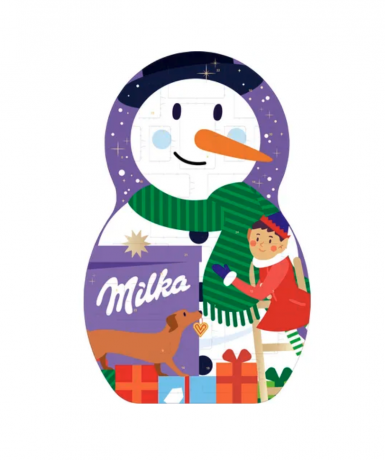 Milka Adventskalender 5STK Авдент-календарь 2025 Снеговик, 24 сладких сюрприза, 28см x 43см, 5 штук х 213 грамм