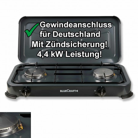BlueCraft BlueCraft Gaskocher, (Gas-Kochfeld 2 flammen propangas), Campingkocher 2-flammig mit Zundsicherung Газовая плита BlueCraft, (газовая плита, 2 пламени, пропан), походная плита, 2 пламени, с запальным предохранителем