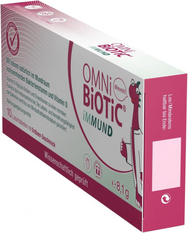 OMNI BIOTIC iMMUND 10stk, Бактерии + витамин D для укрепления иммунитета для детей и взрослых, леденцы с клубничным вкусом, без сахара, 10 шт