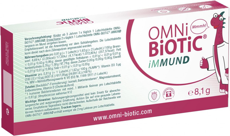 OMNI BIOTIC iMMUND 10stk, Бактерии + витамин D для укрепления иммунитета для детей и взрослых, леденцы с клубничным вкусом, без сахара, 10 шт