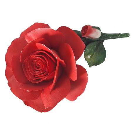 Статуэтка винтажная большая Capodimonte "Алая роза с листочками и бутоном", фарфор, 10 х 20 см, Италия, 1960-70гг.