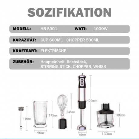 Yaviel Yaviel Stabmixer Purierstab Set Elektrische Kabellos 5 in 1 Mixstab Hand Blender Mixer, Edelstahl 1000w Handmixer Zauberstab mit 12 Geschwindigkeitsstufen  Ручной блендер Yaviel Purier Stick Set Электрический беспроводной 5 в 1 Ручной блендер-миксе