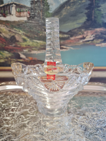 Корзина хрустальная винтажная Anna Hutte с позолоченным узором, 15,5 x 11 x 19 см, Германия, 1960-70гг.