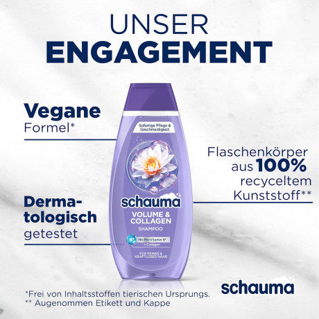 Schauma Shampoo Volume & Collagen, 400 ml, Schauma шампунь для объёма Volume & Collagen с коллагеном, водяной лилией и провитамином B5, 400 мл