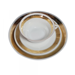 Чайное трио винтажное Lichte с золотистым декором, костяной фарфор, ГДР, 1960-70гг.