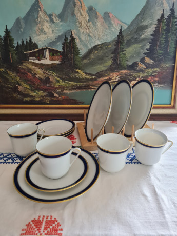 Hutschenreuther Arzberg Bavaria Винтажное трио белый фарфор с синим ободком и позолотой, Германия, 1960-70гг.