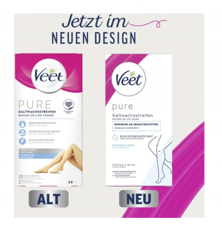 Veet PURE Kaltwachsstreifen Beine & Korper, sensible Haut, Полоски из чистого холодного воска для ног и тела, для чувствительной кожи 20шт