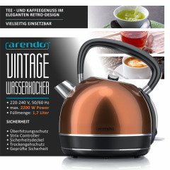 Arendo Arendo Wasserkocher, 1,7 l, 2200 W, Edelstahl Retro Style Vintage, Uberhitzung  Trockenkochschutz, kupfer  Чайник Arendo, 1,7 л, 2200 Вт, нержавеющая сталь, ретро-стиль, винтаж, защита от перегрева, защита от выкипания, медь