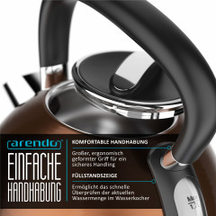Arendo Arendo Wasserkocher, 1,7 l, 2200 W, Edelstahl Retro Style Vintage, Uberhitzung  Trockenkochschutz, kupfer  Чайник Arendo, 1,7 л, 2200 Вт, нержавеющая сталь, ретро-стиль, винтаж, защита от перегрева, защита от выкипания, медь