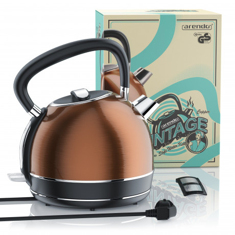 Arendo Arendo Wasserkocher, 1,7 l, 2200 W, Edelstahl Retro Style Vintage, Uberhitzung Trockenkochschutz, kupfer Чайник Arendo, 1,7 л, 2200 Вт, нержавеющая сталь, ретро-стиль, винтаж, защита от перегрева, защита от выкипания, медь