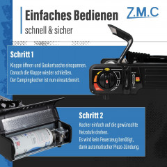 ZMC ZMC Gaskocher PREMIUM Campingkocher 2 flammig Herd, (Brenndauer 1,5 bis 5 Stunden (abhangig von der Gasregulierung), Outdoor Camping Gas Kocher Kochfeld Gasherd Doppel Kartuschenkocher  Газовая плита ZMC Походная плита ПРЕМИУМ с 2 пламенем (время горе