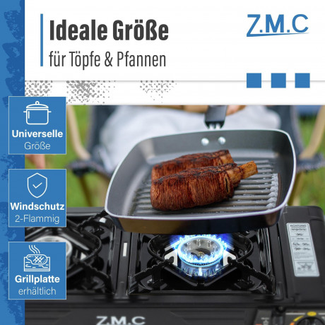 ZMC ZMC Gaskocher PREMIUM Campingkocher 2 flammig Herd, (Brenndauer 1,5 bis 5 Stunden (abhangig von der Gasregulierung), Outdoor Camping Gas Kocher Kochfeld Gasherd Doppel Kartuschenkocher  Газовая плита ZMC Походная плита ПРЕМИУМ с 2 пламенем (время горе