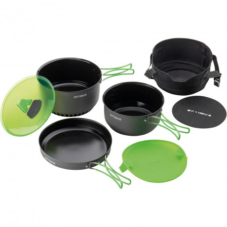 OPTIMUS OPTIMUS Topf-Set Camping Kochset Terra Camp 4 Geschirr, Kuche Topf Pfanne Alu 1,16 kg grun / schwarz Набор кастрюль OPTIMUS, походный набор для приготовления пищи Terra Camp, 4 блюда, кухонная кастрюля, алюминий, 1,16 кг