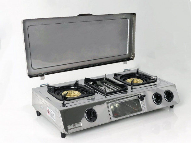 NJ The right choice NJ The right choice Gaskocher GC-87C, (Gasgrill Campingkocher, Edelstahl Gaskocher mit Deckel), LPG Gaskocher 3 flammig / Kochfelder mit Grill mit Deckel Газовая плита NJ Правильный выбор GC-87C, (походная газовая плита-гриль, газовая